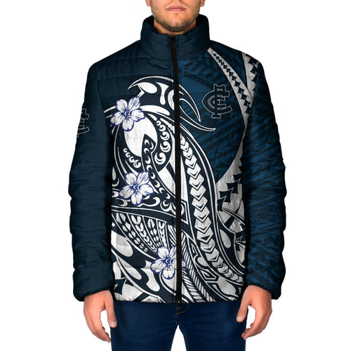 Personalized Carlton Blues Padded Jacket Polynesian Tribal Baggers Mascot With Hibiscus Floral Art