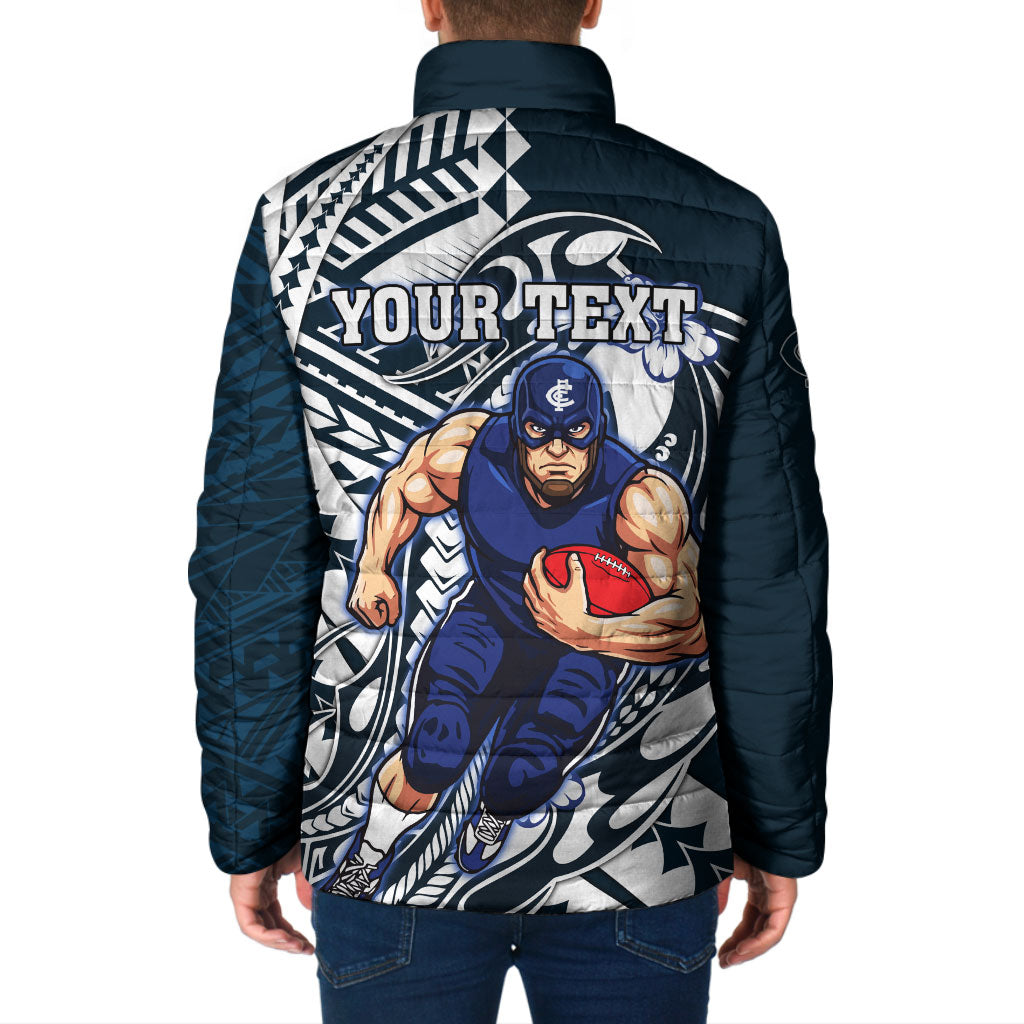 Personalized Carlton Blues Padded Jacket Polynesian Tribal Baggers Mascot With Hibiscus Floral Art
