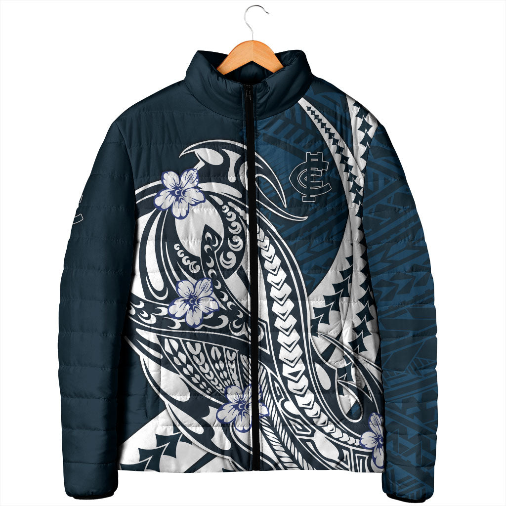 Personalized Carlton Blues Padded Jacket Polynesian Tribal Baggers Mascot With Hibiscus Floral Art