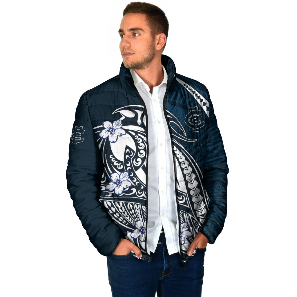 Personalized Carlton Blues Padded Jacket Polynesian Tribal Baggers Mascot With Hibiscus Floral Art