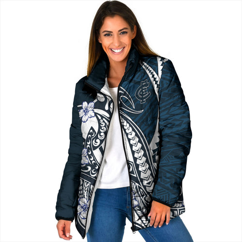 Personalized Carlton Blues Padded Jacket Polynesian Tribal Baggers Mascot With Hibiscus Floral Art