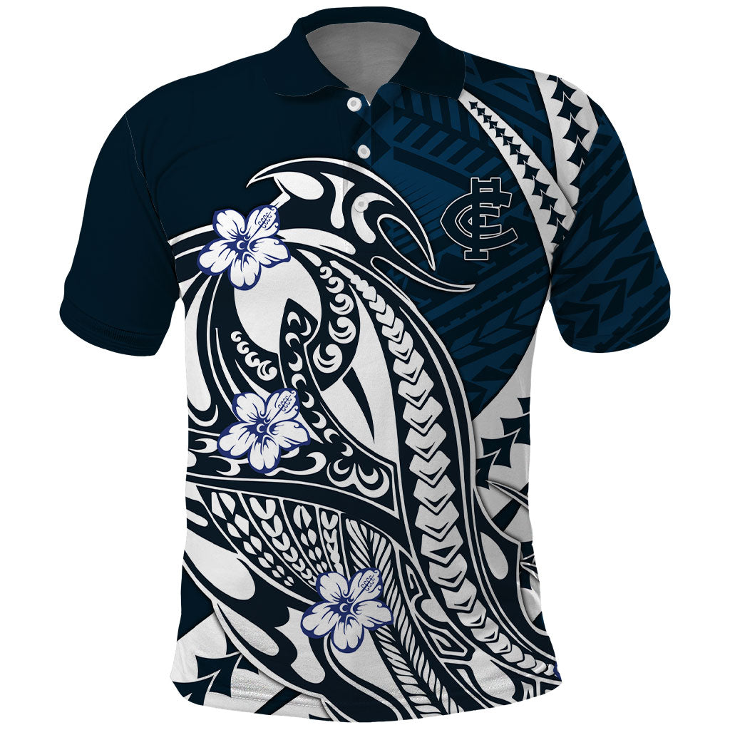Personalized Carlton Blues Polo Shirt Polynesian Tribal Baggers Mascot With Hibiscus Floral Art