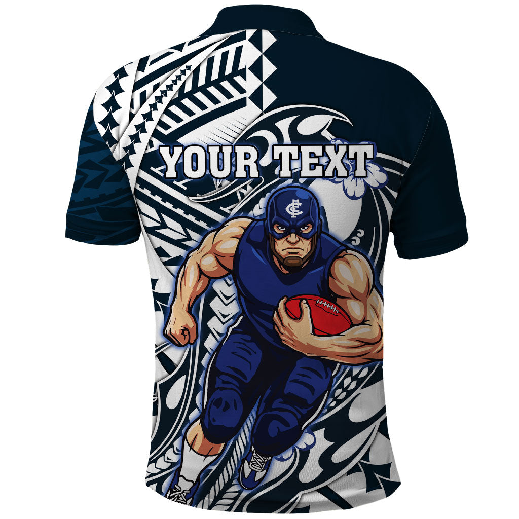 Personalized Carlton Blues Polo Shirt Polynesian Tribal Baggers Mascot With Hibiscus Floral Art
