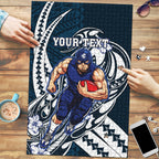 Personalized Carlton Blues Puzzle Polynesian Tribal Baggers Mascot With Hibiscus Floral Art