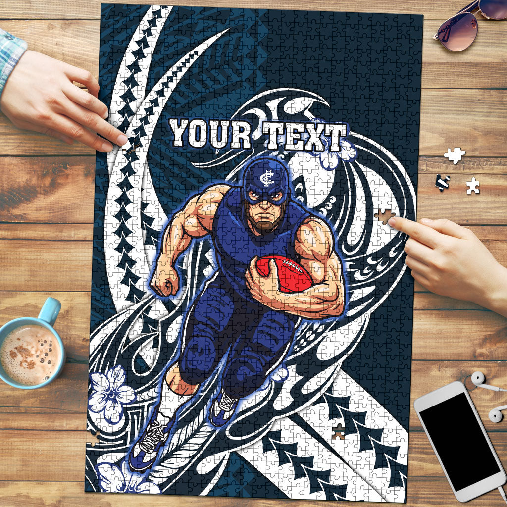 Personalized Carlton Blues Puzzle Polynesian Tribal Baggers Mascot With Hibiscus Floral Art