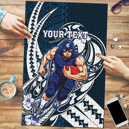 Personalized Carlton Blues Puzzle Polynesian Tribal Baggers Mascot With Hibiscus Floral Art
