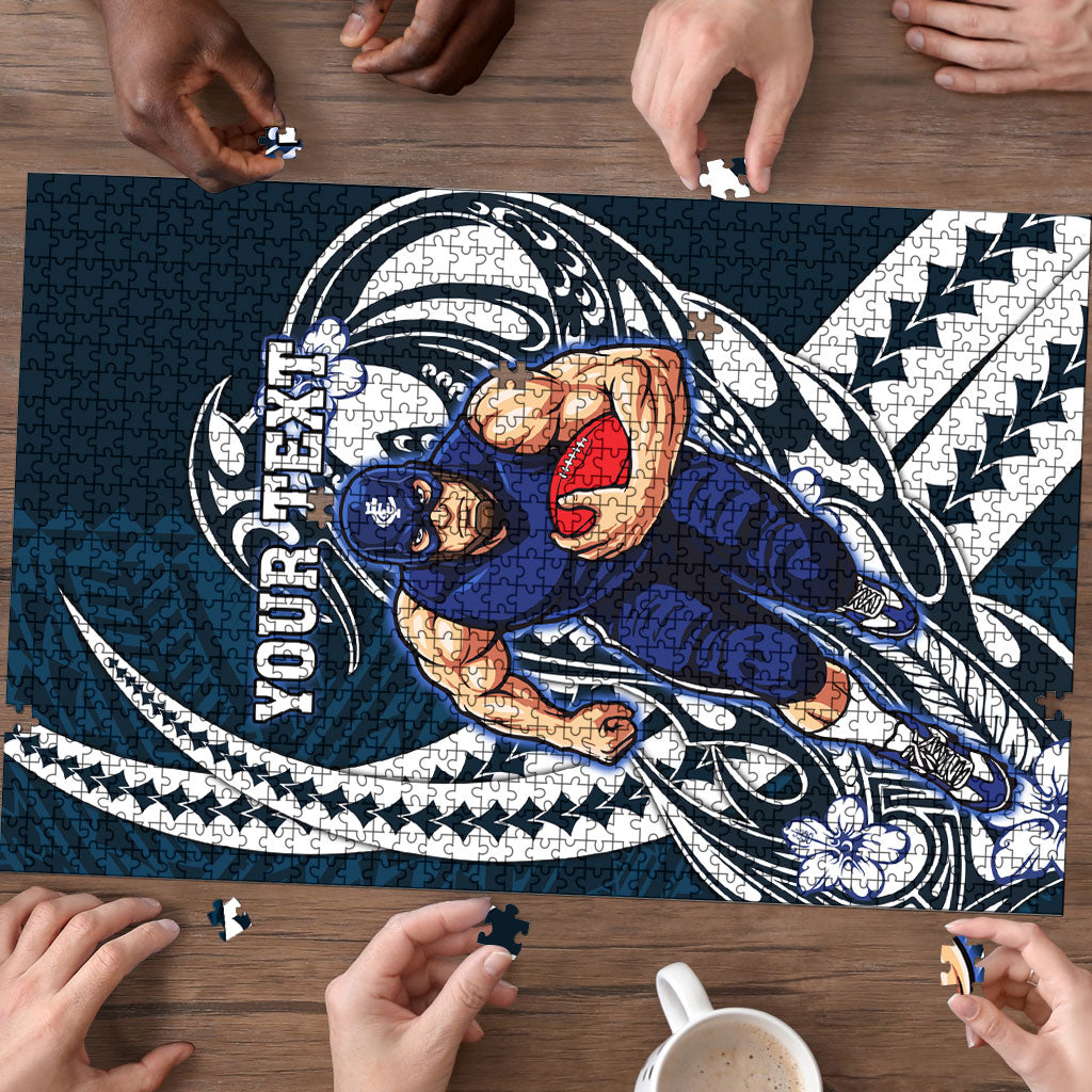 Personalized Carlton Blues Puzzle Polynesian Tribal Baggers Mascot With Hibiscus Floral Art