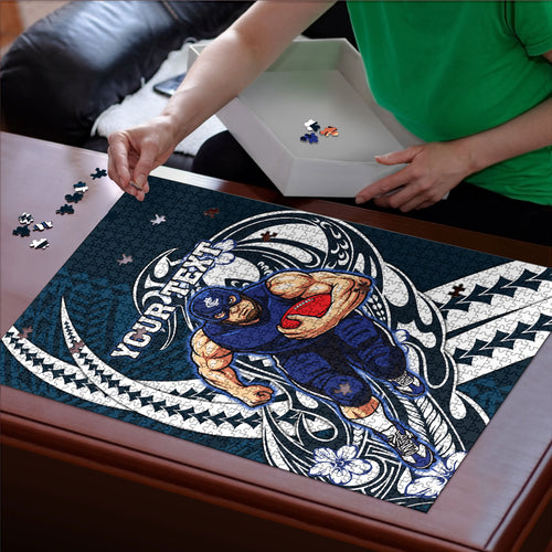 Personalized Carlton Blues Puzzle Polynesian Tribal Baggers Mascot With Hibiscus Floral Art