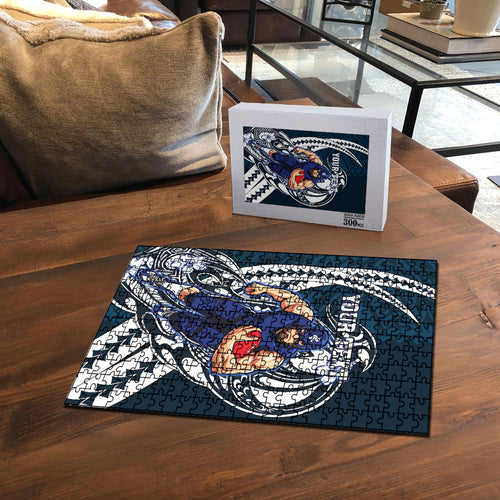 Personalized Carlton Blues Puzzle Polynesian Tribal Baggers Mascot With Hibiscus Floral Art