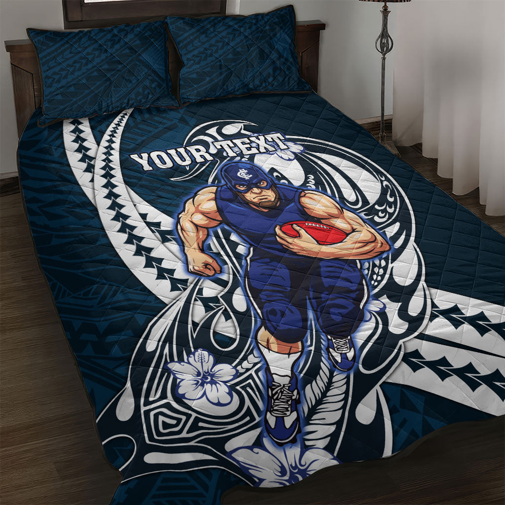 Personalized Carlton Blues Quilt Bed Set Polynesian Tribal Baggers Mascot With Hibiscus Floral Art
