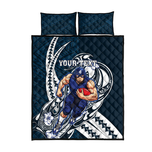 Personalized Carlton Blues Quilt Bed Set Polynesian Tribal Baggers Mascot With Hibiscus Floral Art