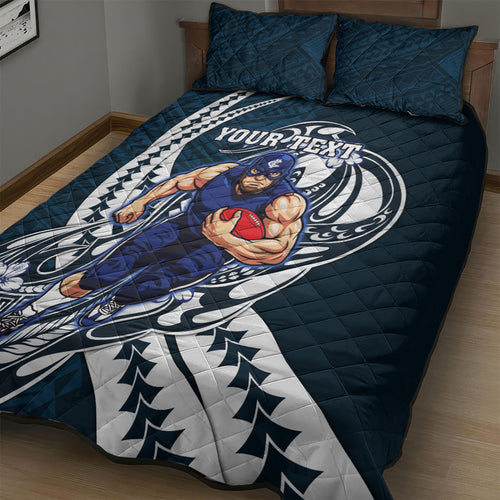 Personalized Carlton Blues Quilt Bed Set Polynesian Tribal Baggers Mascot With Hibiscus Floral Art