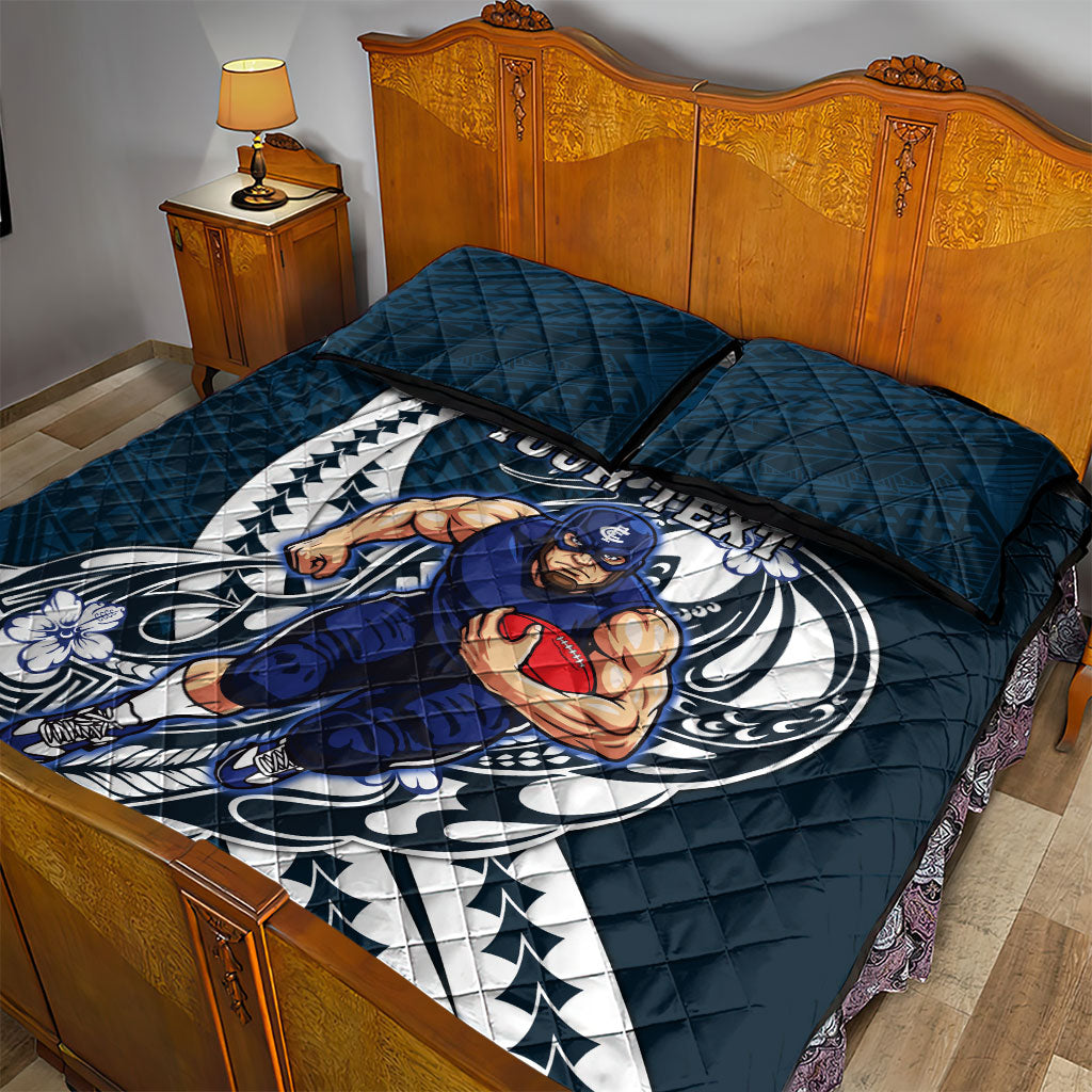 Personalized Carlton Blues Quilt Bed Set Polynesian Tribal Baggers Mascot With Hibiscus Floral Art