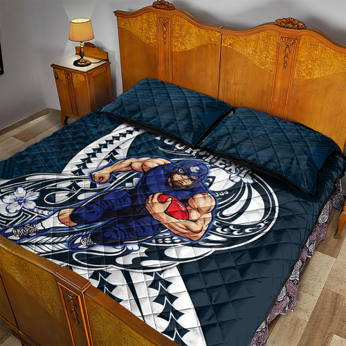 Personalized Carlton Blues Quilt Bed Set Polynesian Tribal Baggers Mascot With Hibiscus Floral Art