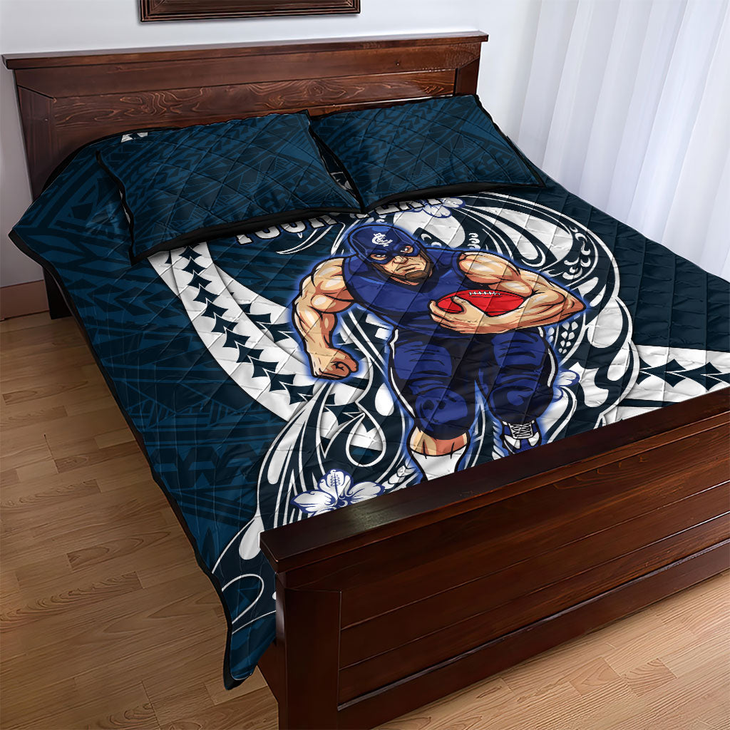 Personalized Carlton Blues Quilt Bed Set Polynesian Tribal Baggers Mascot With Hibiscus Floral Art