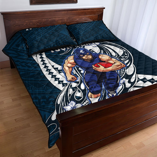 Personalized Carlton Blues Quilt Bed Set Polynesian Tribal Baggers Mascot With Hibiscus Floral Art