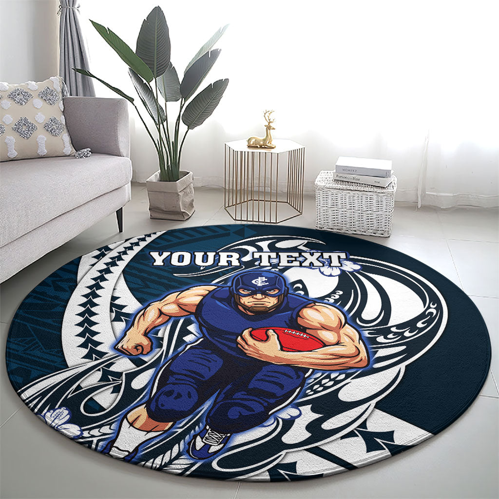 Personalized Carlton Blues Round Carpet Polynesian Tribal Baggers Mascot With Hibiscus Floral Art