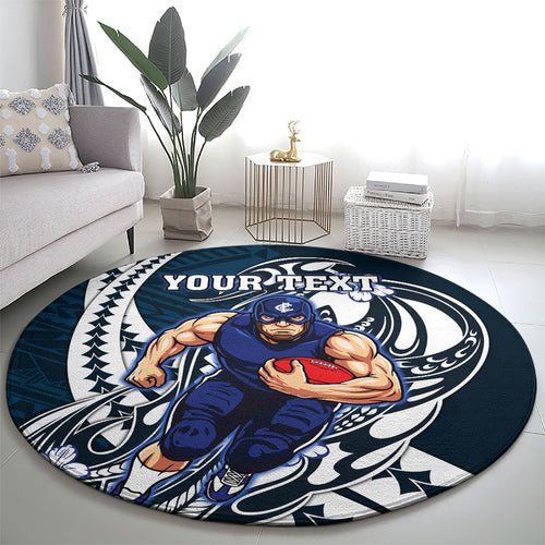 Personalized Carlton Blues Round Carpet Polynesian Tribal Baggers Mascot With Hibiscus Floral Art