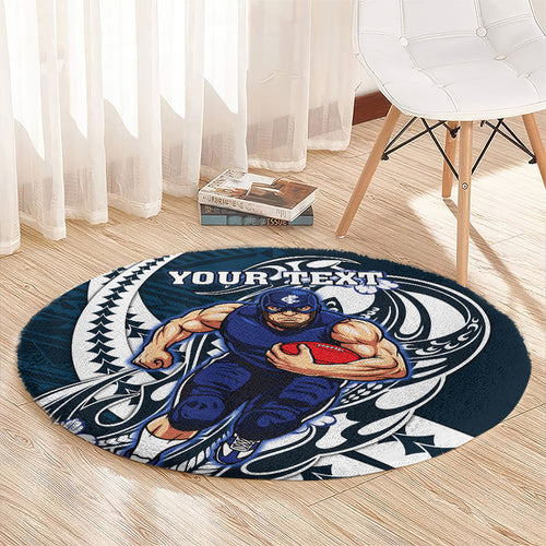 Personalized Carlton Blues Round Carpet Polynesian Tribal Baggers Mascot With Hibiscus Floral Art