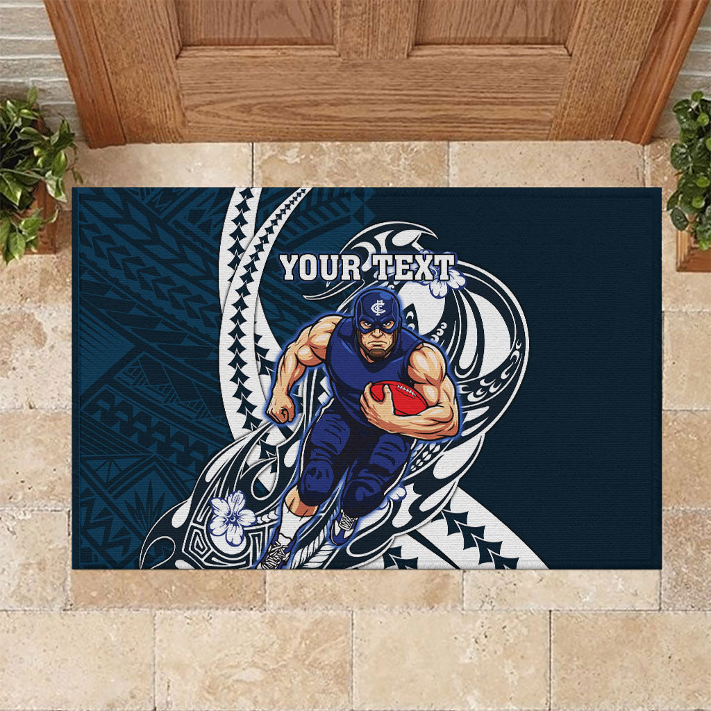 Personalized Carlton Blues Rubber Doormat Polynesian Tribal Baggers Mascot With Hibiscus Floral Art