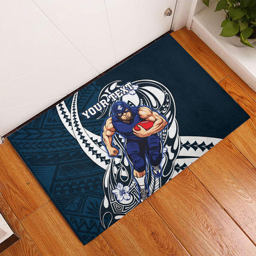 Personalized Carlton Blues Rubber Doormat Polynesian Tribal Baggers Mascot With Hibiscus Floral Art