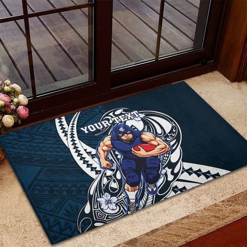 Personalized Carlton Blues Rubber Doormat Polynesian Tribal Baggers Mascot With Hibiscus Floral Art