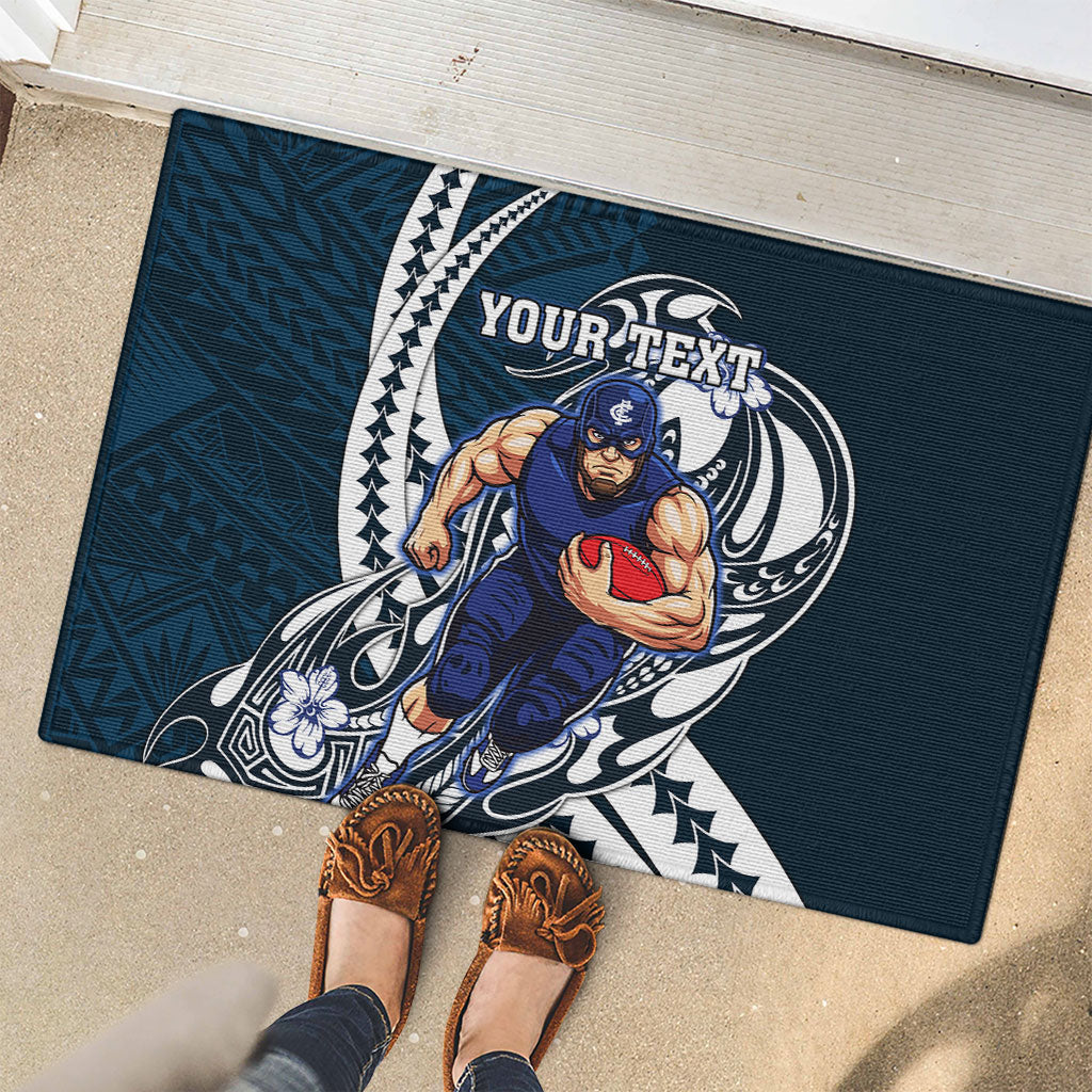 Personalized Carlton Blues Rubber Doormat Polynesian Tribal Baggers Mascot With Hibiscus Floral Art