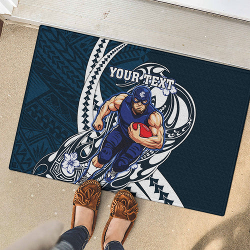 Personalized Carlton Blues Rubber Doormat Polynesian Tribal Baggers Mascot With Hibiscus Floral Art