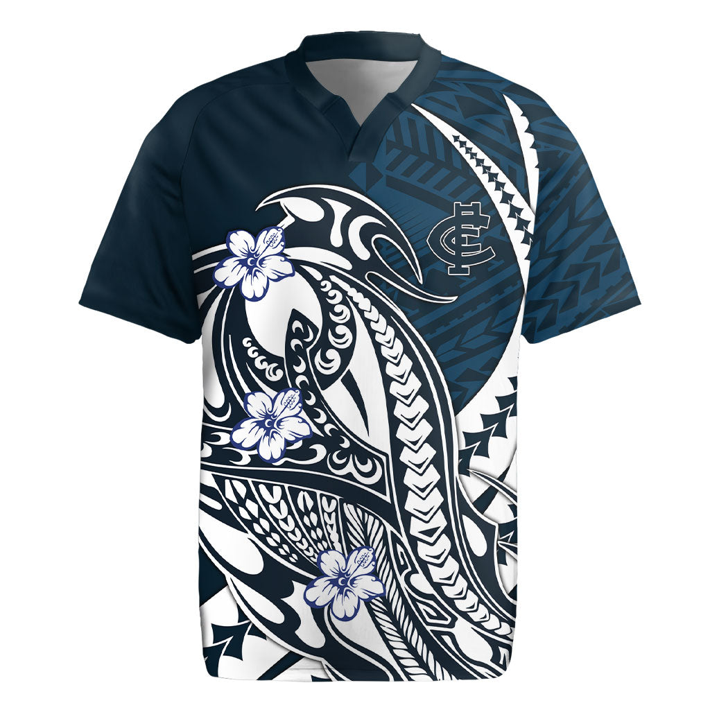 Personalized Carlton Blues Rugby Jersey Polynesian Tribal Baggers Mascot With Hibiscus Floral Art