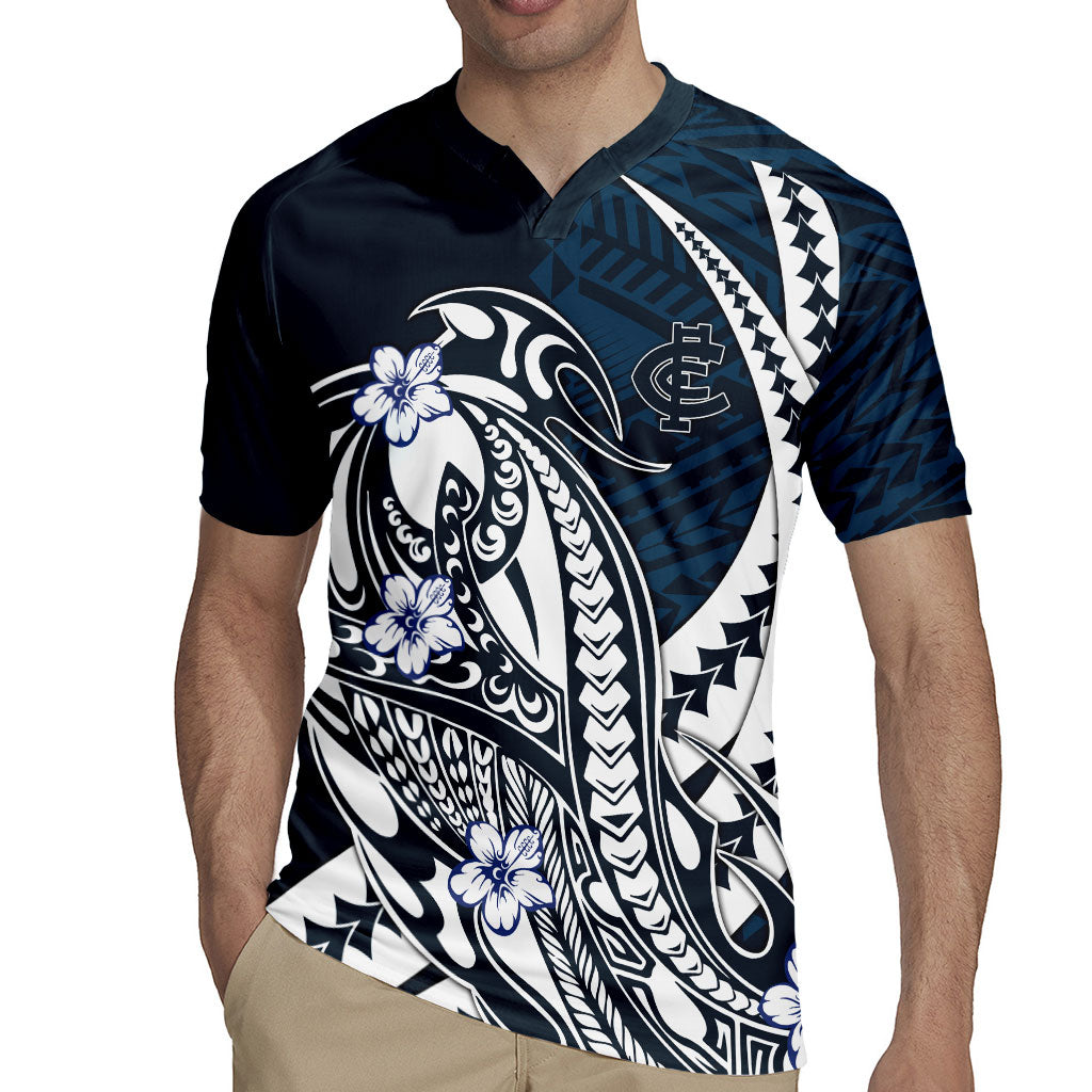 Personalized Carlton Blues Rugby Jersey Polynesian Tribal Baggers Mascot With Hibiscus Floral Art