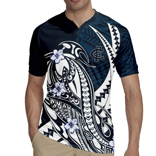Personalized Carlton Blues Rugby Jersey Polynesian Tribal Baggers Mascot With Hibiscus Floral Art