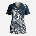 Personalized Carlton Blues Scrub Top Polynesian Tribal Baggers Mascot With Hibiscus Floral Art