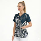 Personalized Carlton Blues Scrub Top Polynesian Tribal Baggers Mascot With Hibiscus Floral Art