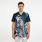 Personalized Carlton Blues Scrub Top Polynesian Tribal Baggers Mascot With Hibiscus Floral Art