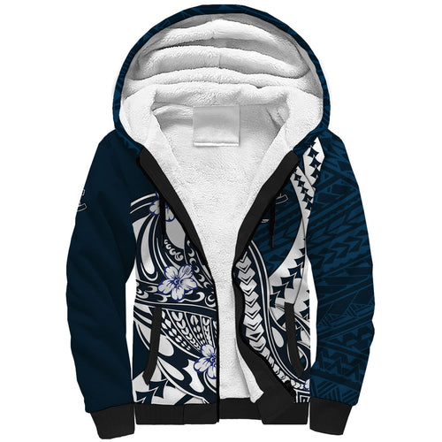 Personalized Carlton Blues Sherpa Hoodie Polynesian Tribal Baggers Mascot With Hibiscus Floral Art