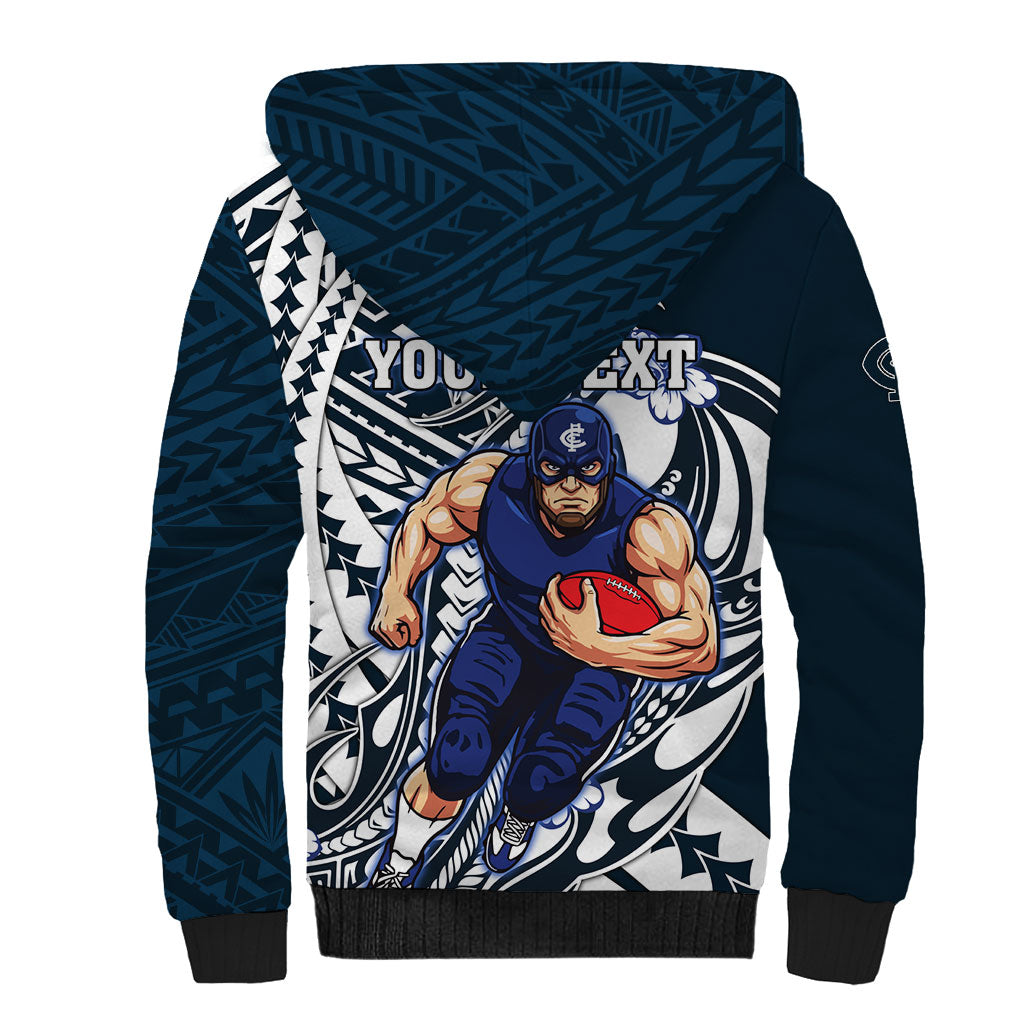 Personalized Carlton Blues Sherpa Hoodie Polynesian Tribal Baggers Mascot With Hibiscus Floral Art