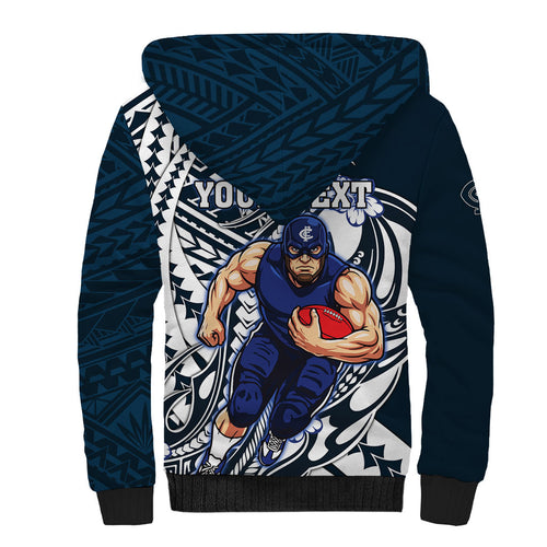 Personalized Carlton Blues Sherpa Hoodie Polynesian Tribal Baggers Mascot With Hibiscus Floral Art