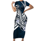 Personalized Carlton Blues Short Sleeve Bodycon Dress Polynesian Tribal Baggers Mascot With Hibiscus Floral Art