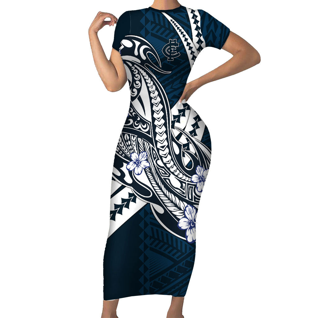 Personalized Carlton Blues Short Sleeve Bodycon Dress Polynesian Tribal Baggers Mascot With Hibiscus Floral Art