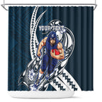 Personalized Carlton Blues Shower Curtain Polynesian Tribal Baggers Mascot With Hibiscus Floral Art