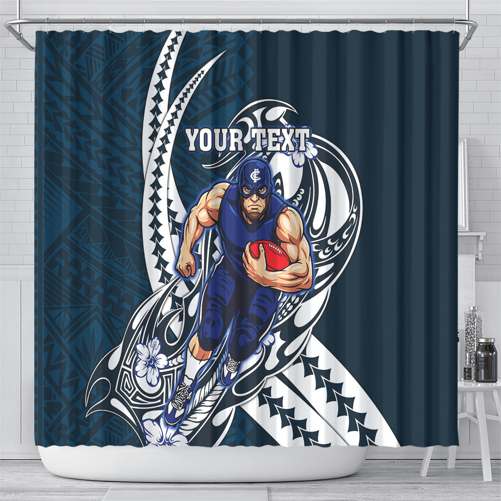 Personalized Carlton Blues Shower Curtain Polynesian Tribal Baggers Mascot With Hibiscus Floral Art