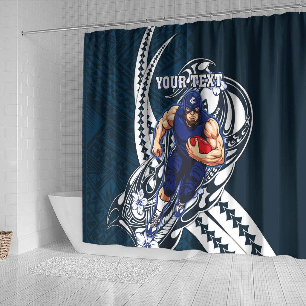 Personalized Carlton Blues Shower Curtain Polynesian Tribal Baggers Mascot With Hibiscus Floral Art