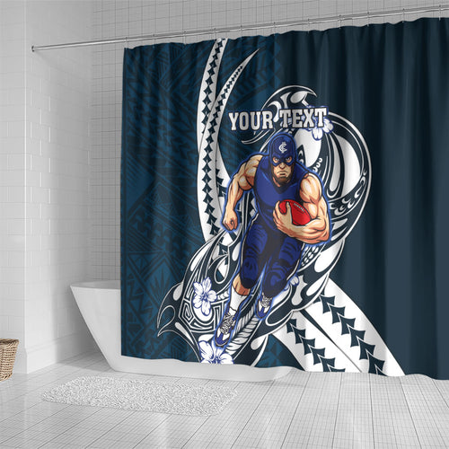 Personalized Carlton Blues Shower Curtain Polynesian Tribal Baggers Mascot With Hibiscus Floral Art