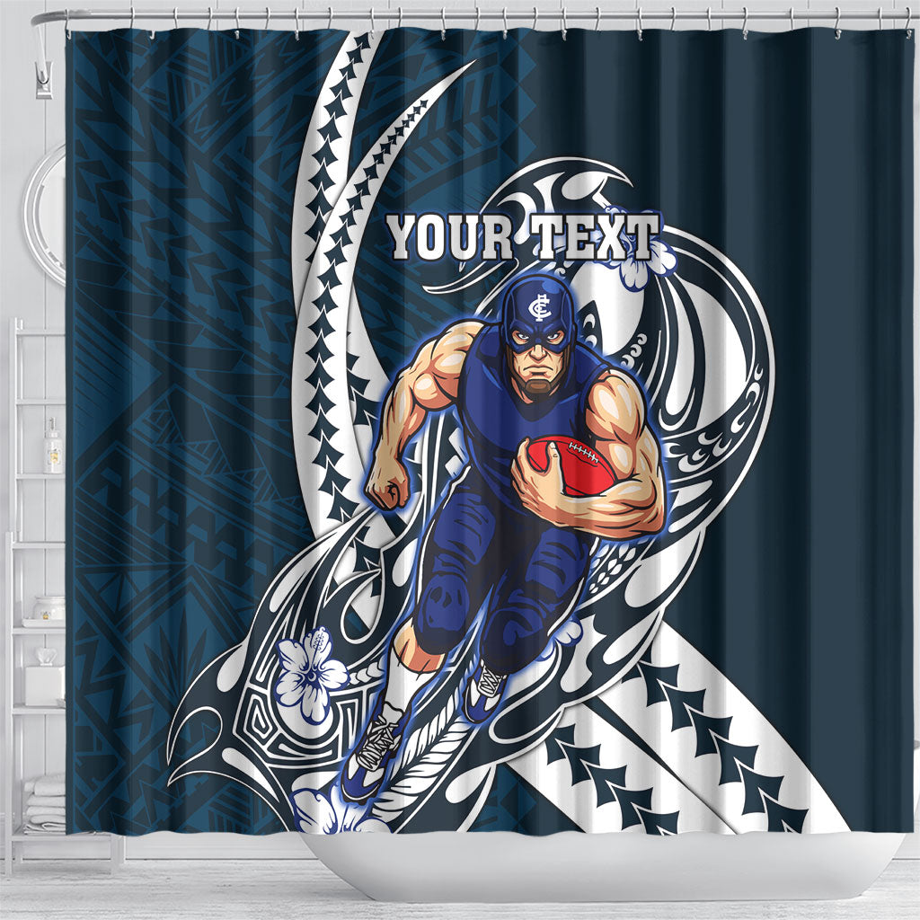 Personalized Carlton Blues Shower Curtain Polynesian Tribal Baggers Mascot With Hibiscus Floral Art