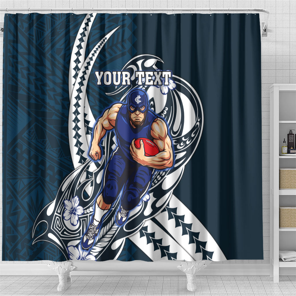 Personalized Carlton Blues Shower Curtain Polynesian Tribal Baggers Mascot With Hibiscus Floral Art