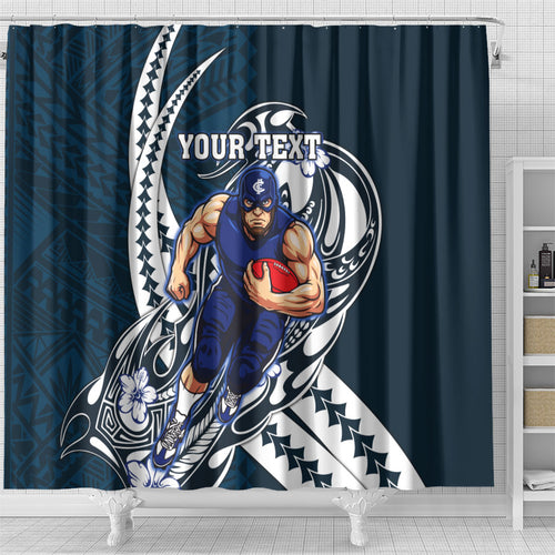 Personalized Carlton Blues Shower Curtain Polynesian Tribal Baggers Mascot With Hibiscus Floral Art