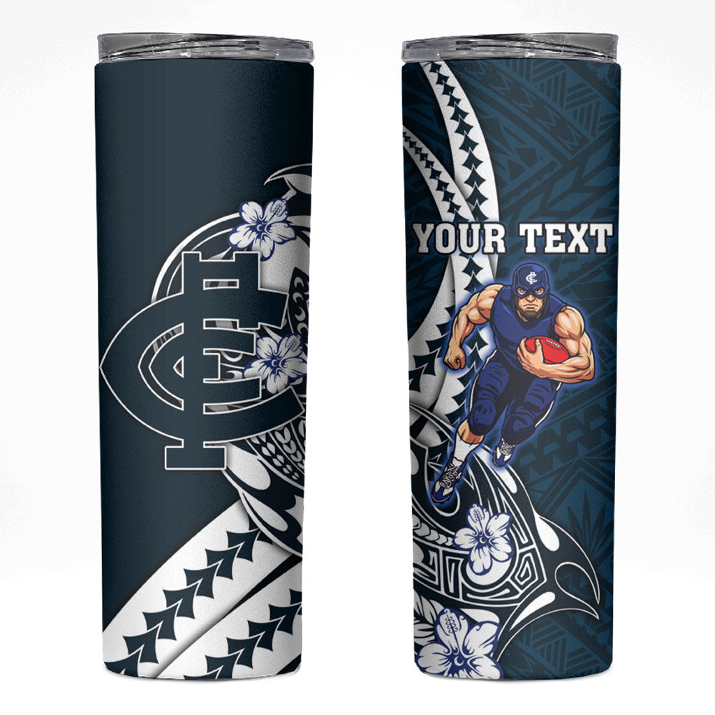 Personalized Carlton Blues Skinny Tumbler Polynesian Tribal Baggers Mascot With Hibiscus Floral Art