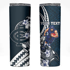 Personalized Carlton Blues Skinny Tumbler Polynesian Tribal Baggers Mascot With Hibiscus Floral Art