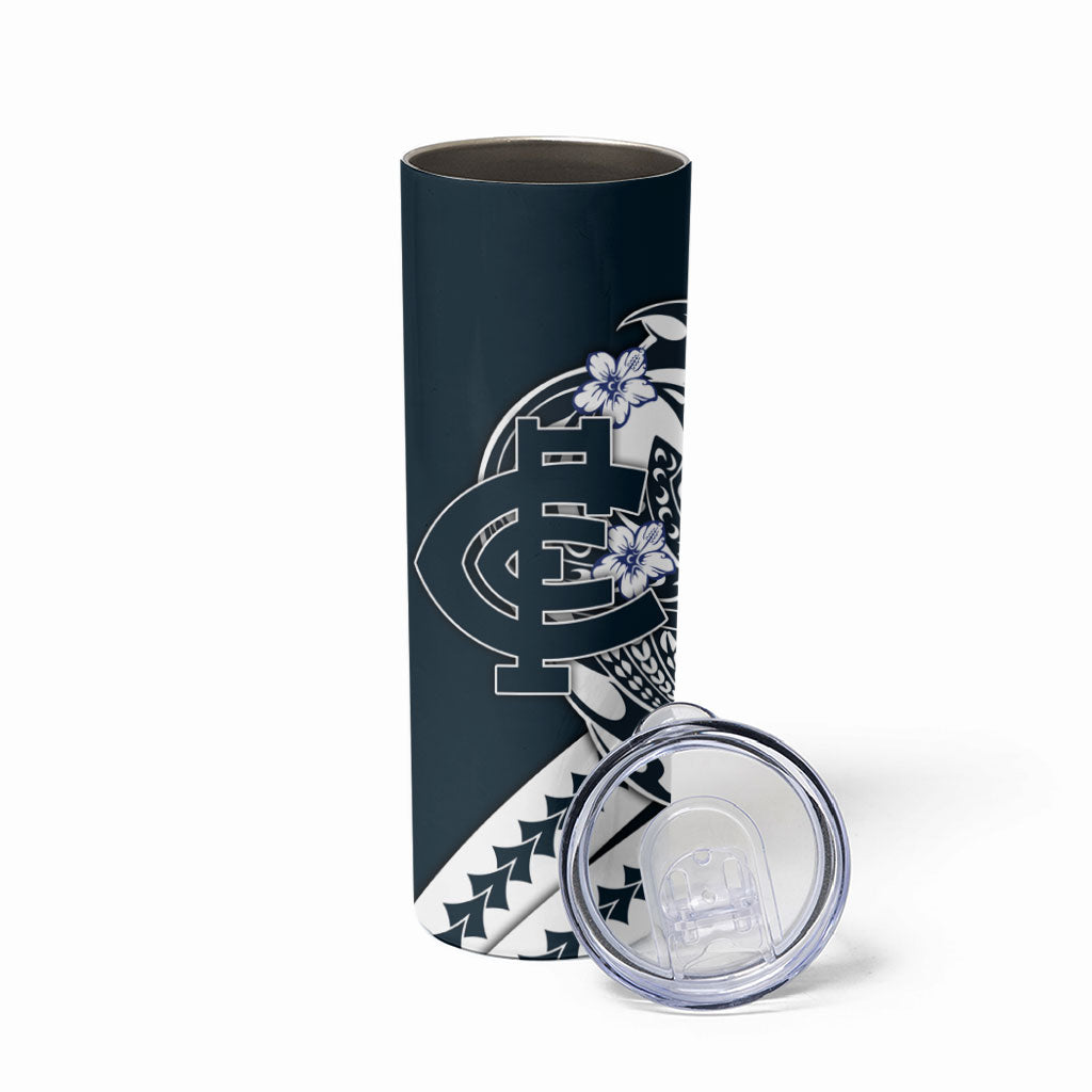 Personalized Carlton Blues Skinny Tumbler Polynesian Tribal Baggers Mascot With Hibiscus Floral Art