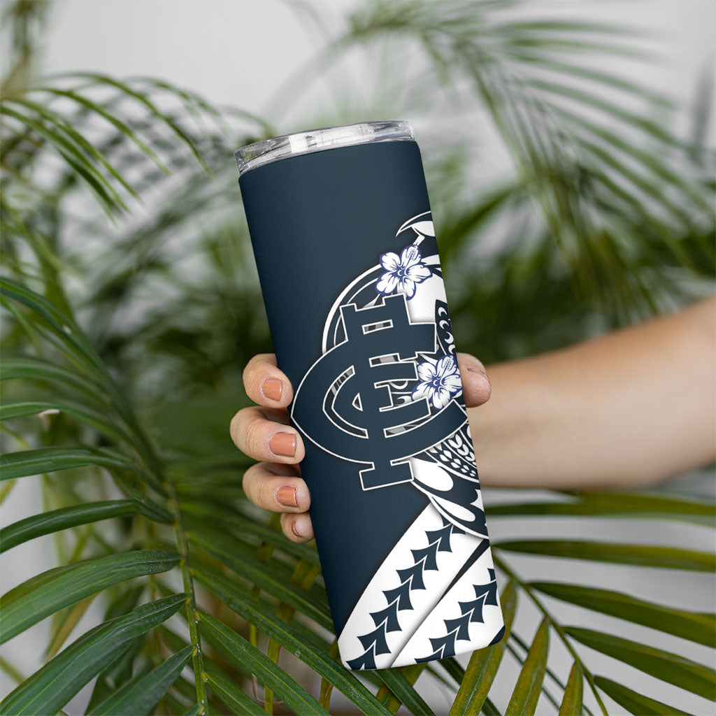 Personalized Carlton Blues Skinny Tumbler Polynesian Tribal Baggers Mascot With Hibiscus Floral Art